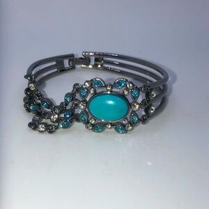 BUTLER FAC Silver Tone Blue & White Rhinestone Faux Turquoise Bracelet 7”